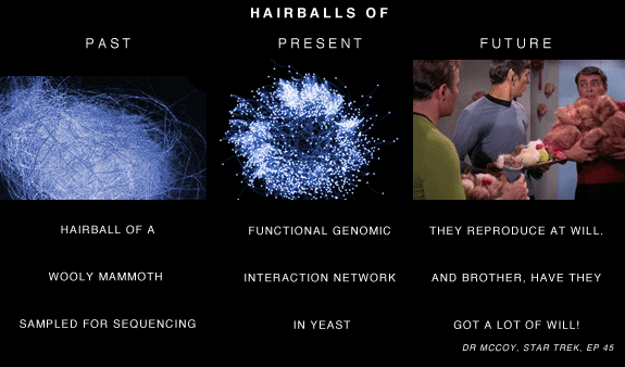 Network hairballs in the past, present and future.  [ Hive Plots - Rational Network Visualization - A Simple, Informative and Pretty Linear Layout for Network Analytics - Martin Krzywinski ]
