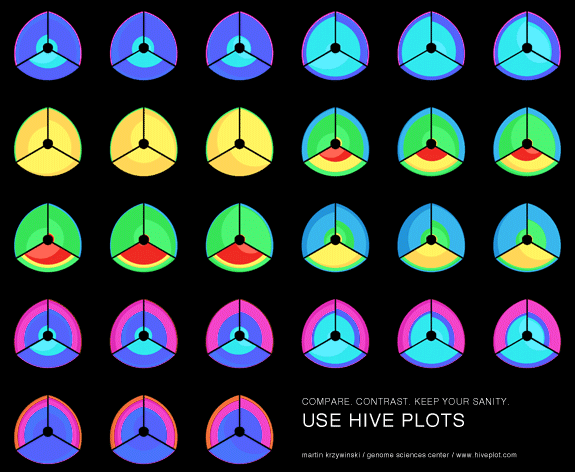  [ Hive Plots - Rational Network Visualization - A Simple, Informative and Pretty Linear Layout for Network Analytics - Martin Krzywinski ] - Application of hive plots to visualizing ratios.